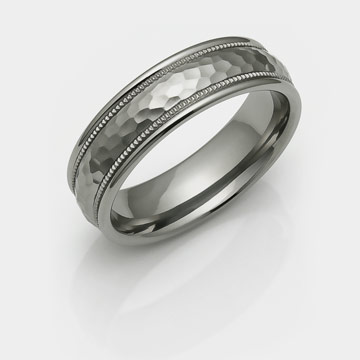 hammered titanium ring with domed center, milgrain channels and rounded sides