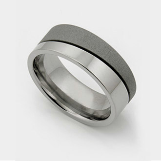 Titanium wedding rings with diamonds and offset groove.