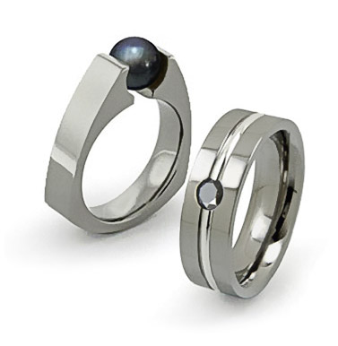 titanium rings set with black diamond and pearl