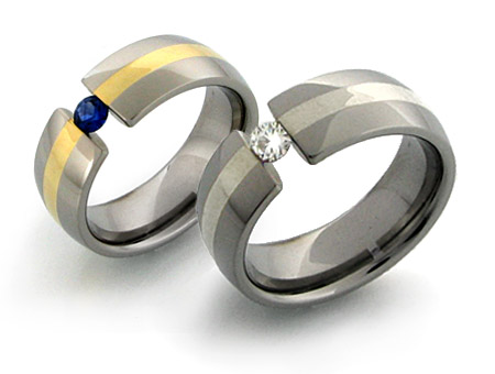 titanium wedding bands with stones and gold inlays