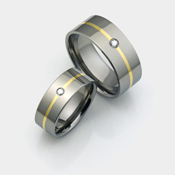 titanium rings set with diamonds and thin line 18K gold inlay