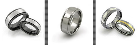 tungsten carbide rings with gold, platinum, and ceramic inlays