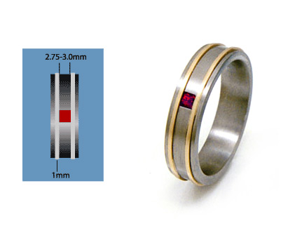 custom titanium ring, gold ruby