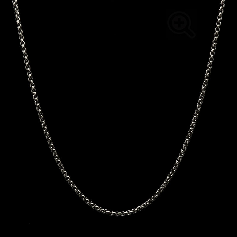 round box chain titanium necklace for men and women, shown in small size