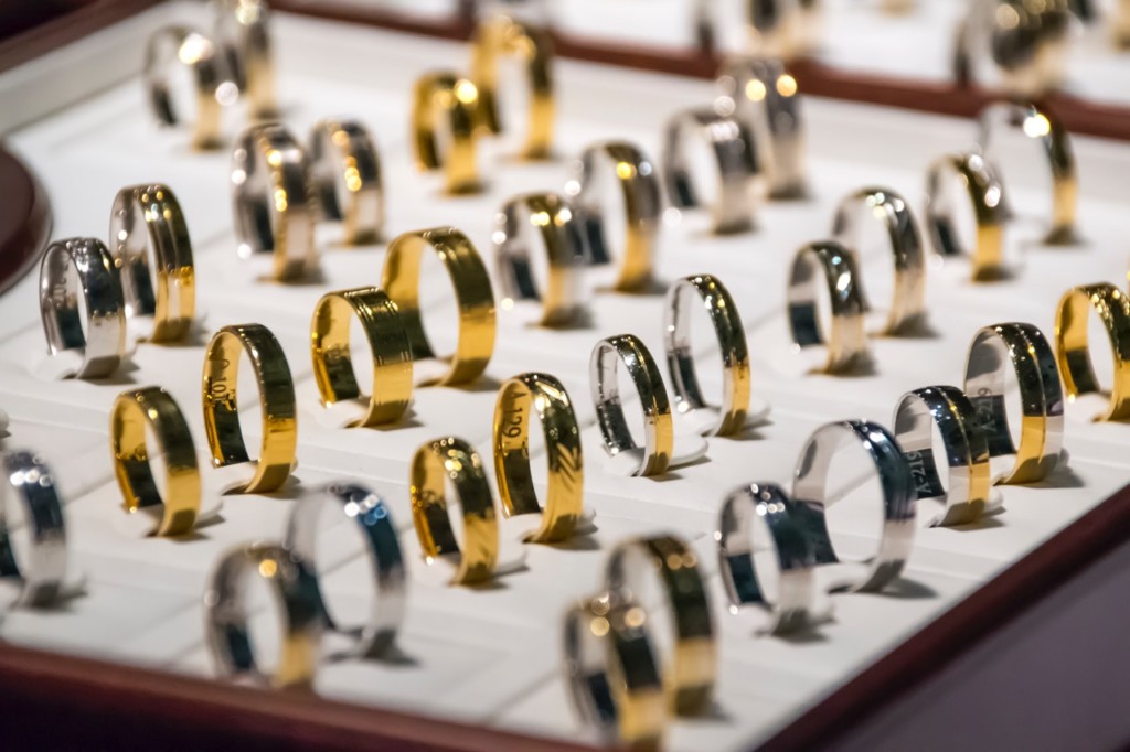 Many different sizes of rings, colored gold and silver.