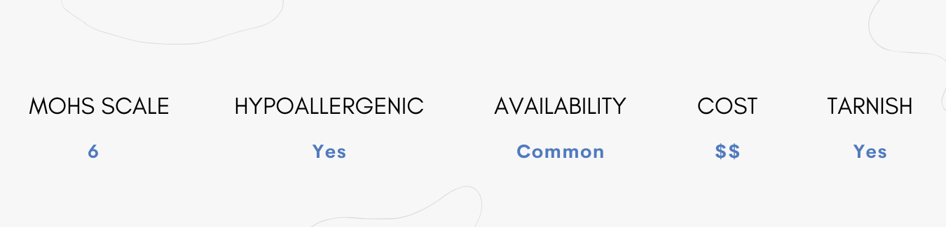 Mohs Scale 6, Hypoallergenic, Availability Common, Cost Low, Will Tarnish