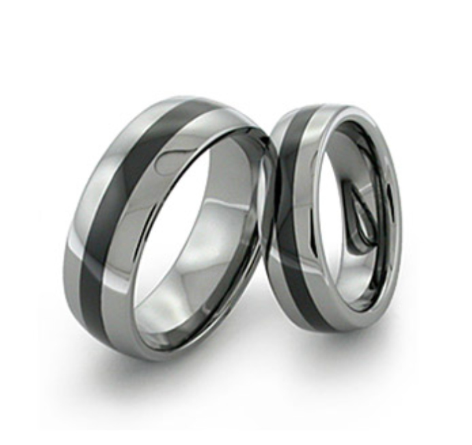 Domed Tungsten Ring With Wide Black Ceramic Inlay