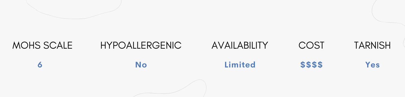 Mohs Scale 6, Not Hypoallergenic, Limited Availability, Expensive, Will Tarnish