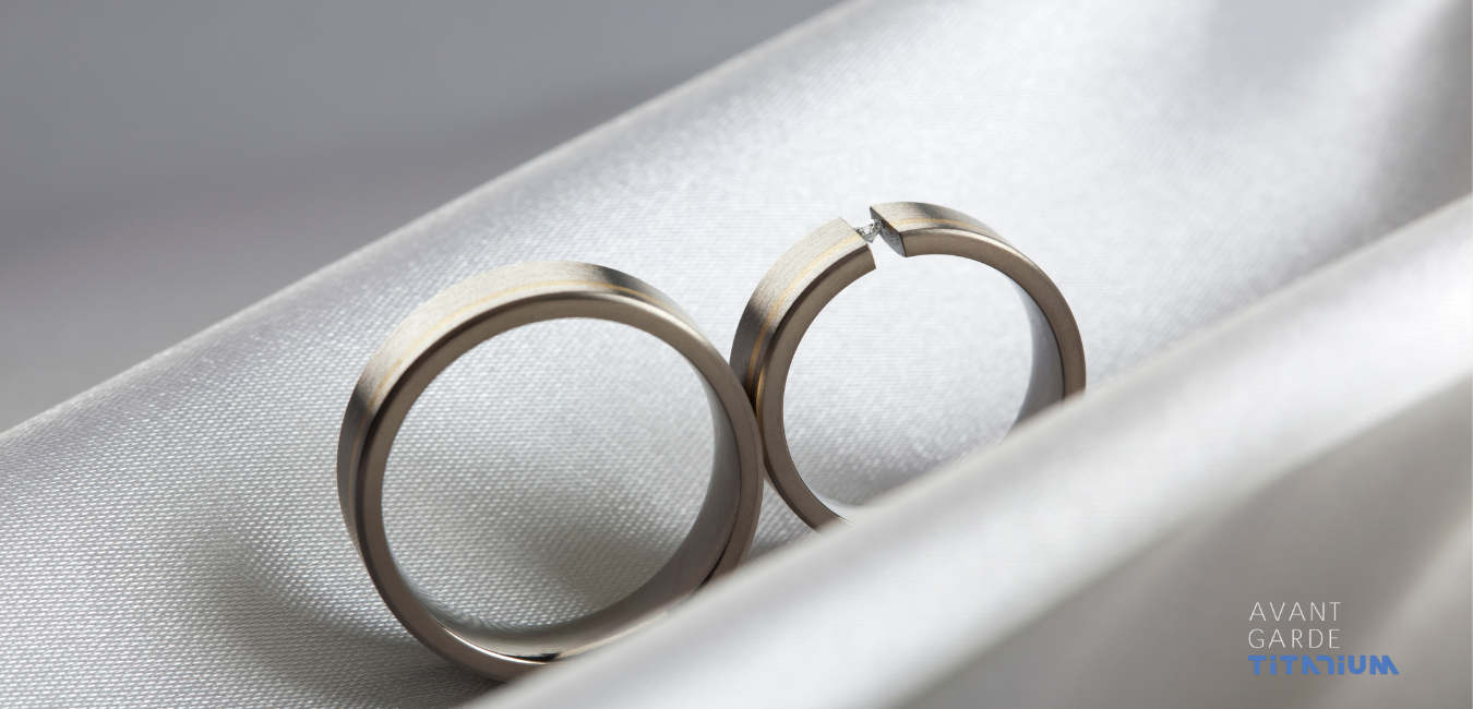 Diamond Titanium Rings With Thin Precious Metal Inlays and Titanium Rings With Thin Gold Inlays