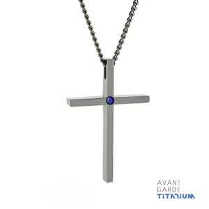 Sapphire Stone Set Thin Design Titanium Cross Pendant