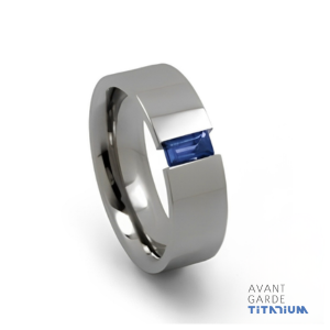 Tension Set Titanium Ring With Sapphire Emerald Cut Stone