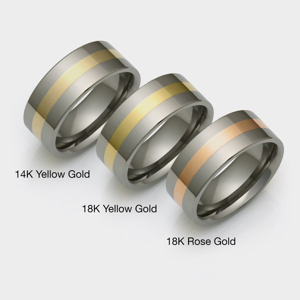 titanium rings with examples of different color gold inlays