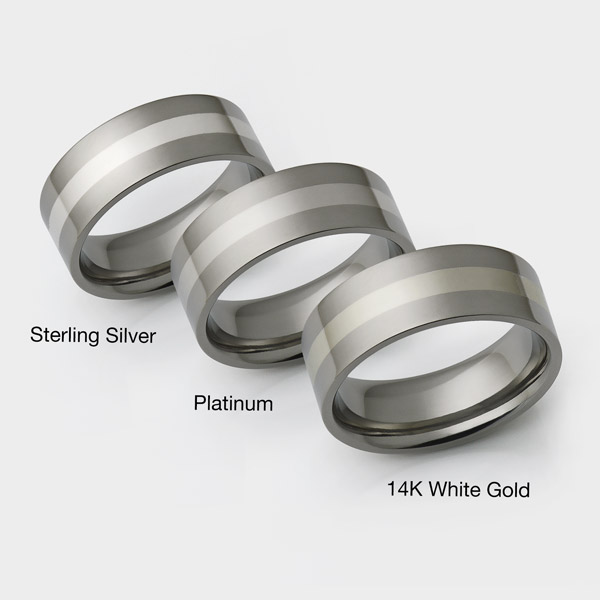 Silver, Platinum, 14K White Gold inlays for titanium rings