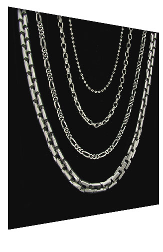 men's titanium chain necklaces pictured on black background