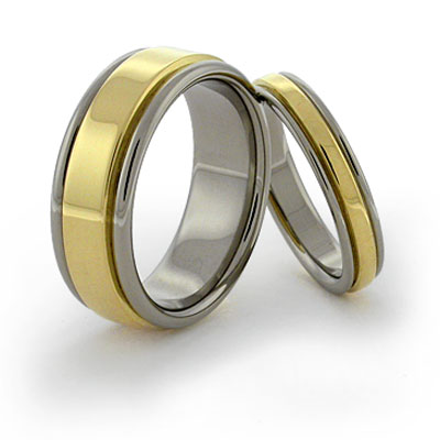 inlaid titanium rings with rolled sides and 18k elevated gold