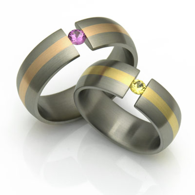 Titanium Tension Set Ring with gold inlays