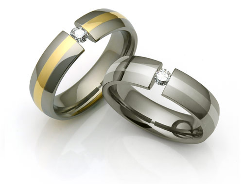 diamond titanium tension set rings with gold inlays